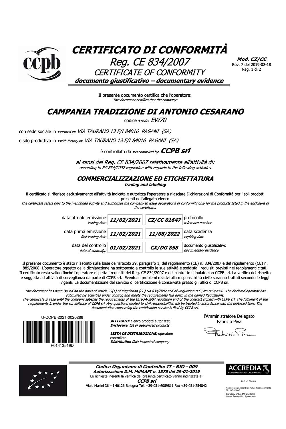 Certificato Bio Di Conformità Campania Tradizione